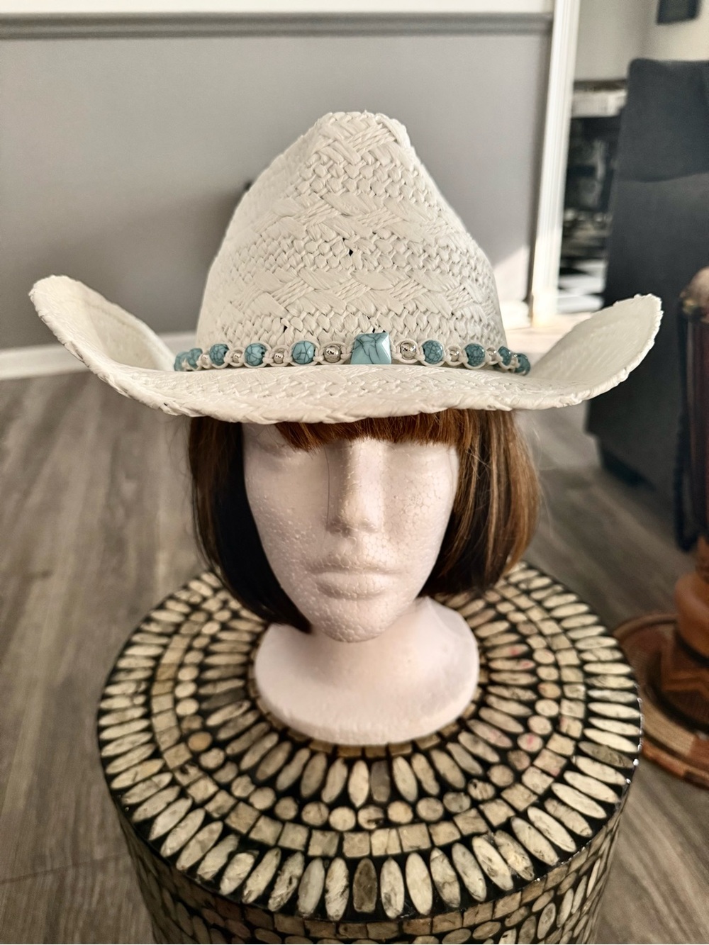 Peter Grimm White Straw Cowboy Hat with Turquoise Bead Band one size fits all.